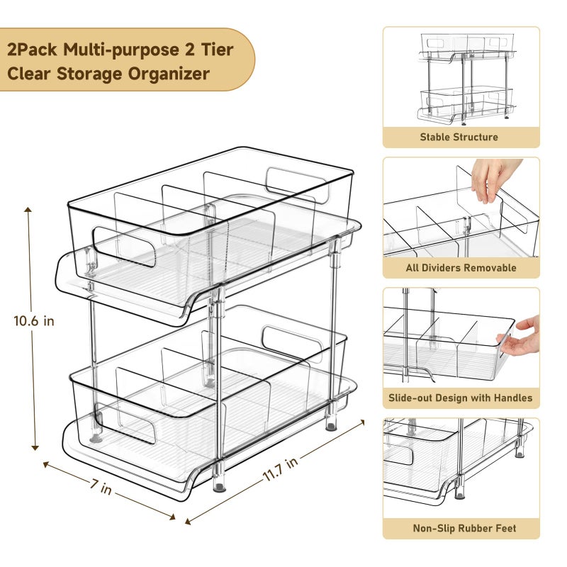 HIHEGD 2 Tier Bathroom Storage With Dividers, Clear Under Sink Pull Out Organizer for Kitchen Pantry, Medicine Cabinet - Image 3