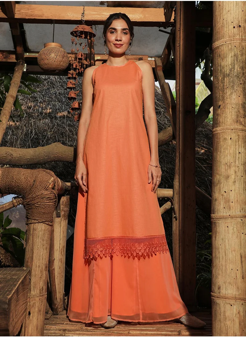 QISSA Women's Tangerine Orange Flora Frill Kurta Set