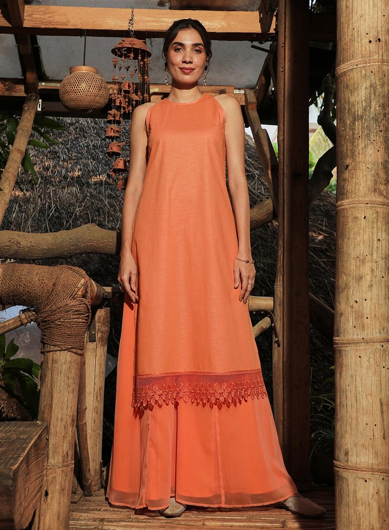 QISSA Women's Tangerine Orange Flora Frill Kurta Set  - Image 2