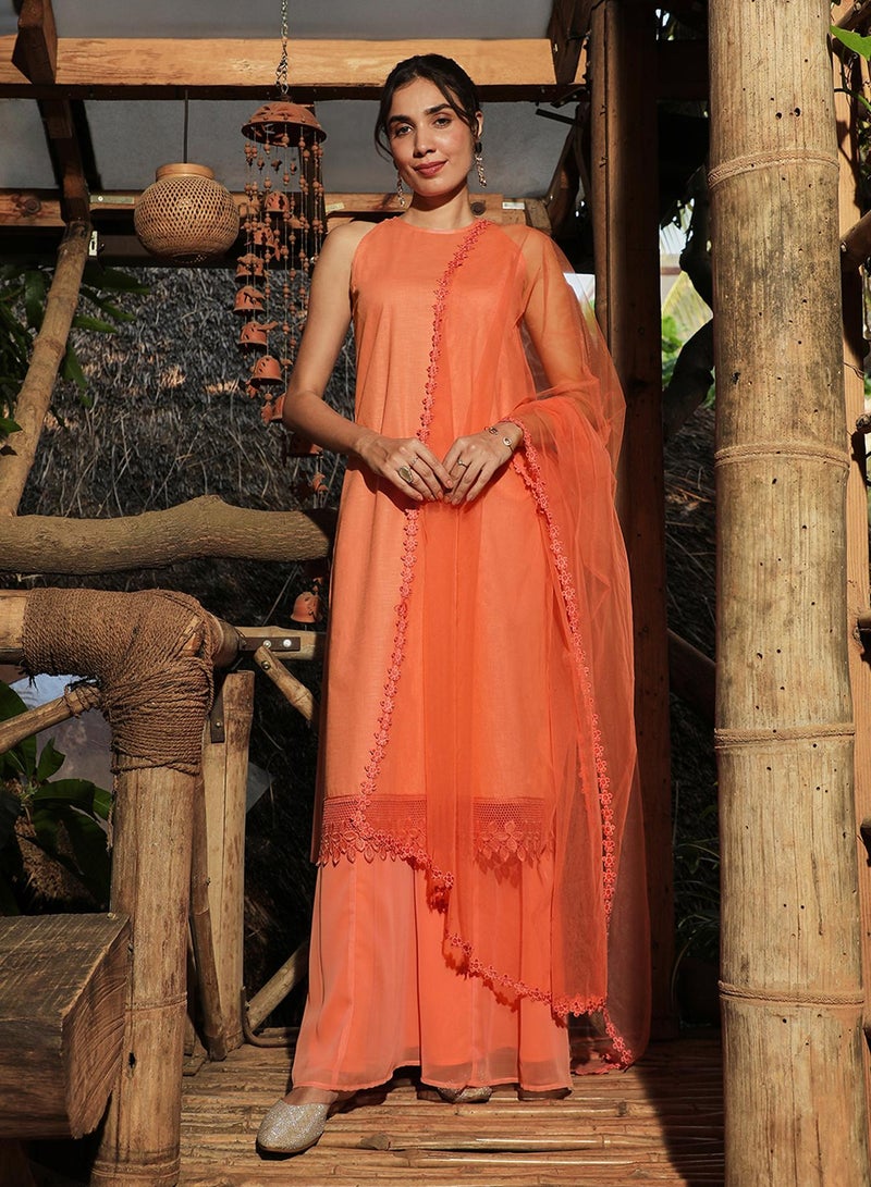 QISSA Women's Tangerine Orange Flora Frill Kurta Set  - Image 5