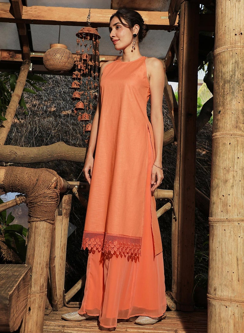 QISSA Women's Tangerine Orange Flora Frill Kurta Set  - Image 3
