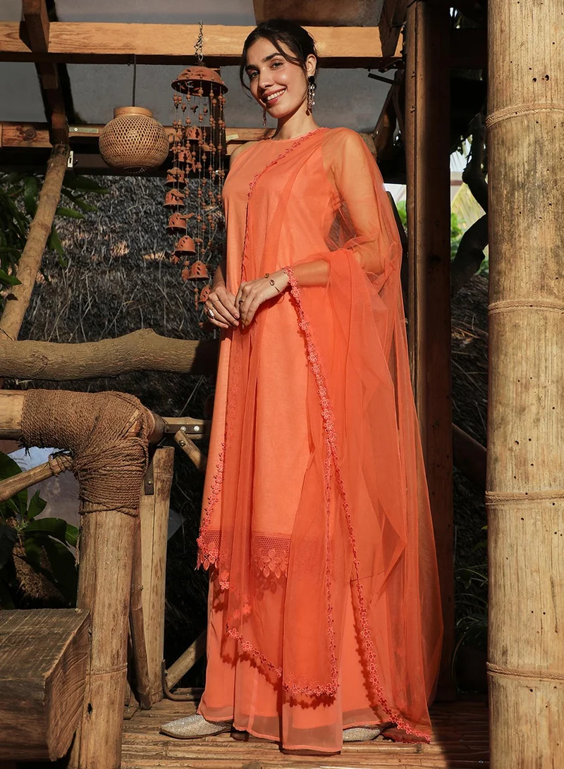  قصة Women's Tangerine Orange Flora Frill Kurta Set