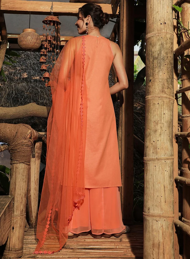  قصة Women's Tangerine Orange Flora Frill Kurta Set