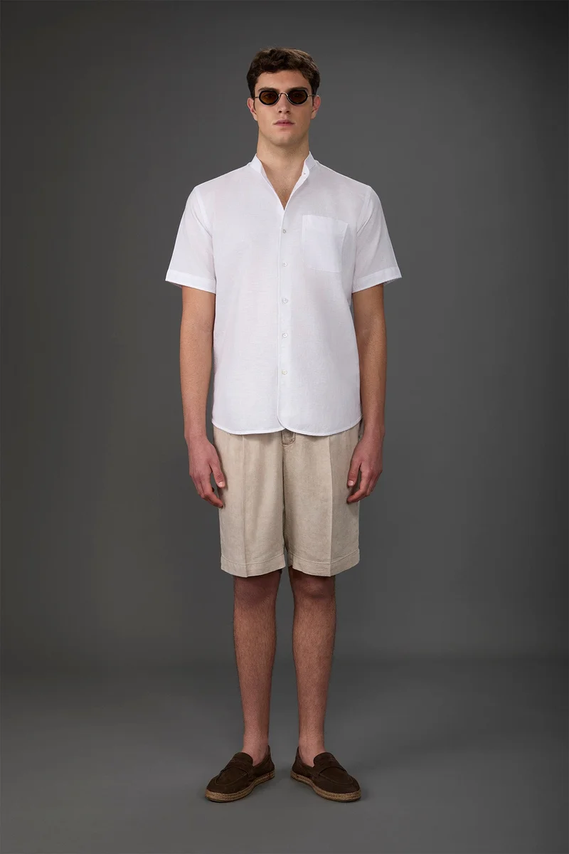 Doppelganger White Casual men's shirt with mandarin collar, washed linen and cotton fabric - White for Men | Best Price UAE
