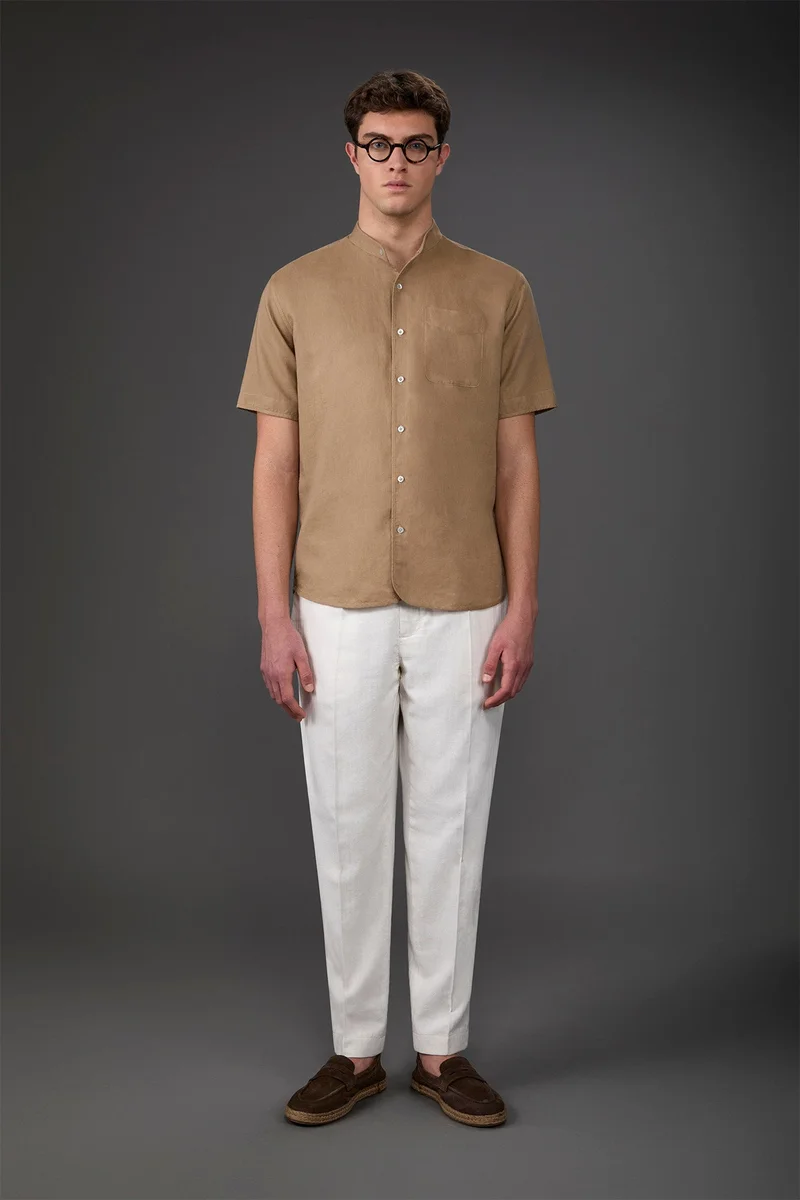 Doppelganger White Casual men's shirt with mandarin collar, washed linen and cotton fabric - White for Men | Best Price UAE