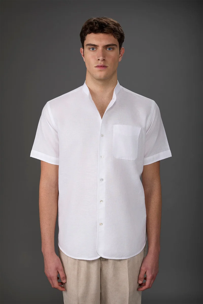 Casual men's shirt with mandarin collar, washed linen and cotton fabric - White