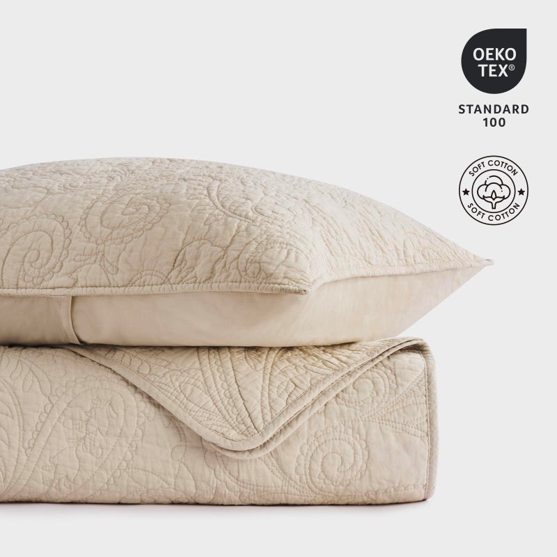 EVERGRACEHOME EVERGRACE 100% Cotton Paisley Quilt Set, King Size 3 Piece Set â€“ Prewashed Lightweight Bedspread with 2 Shams, Soft & Breathable Matelasse Coverlet for All-Season Comfort, Flax Beige - Image 4
