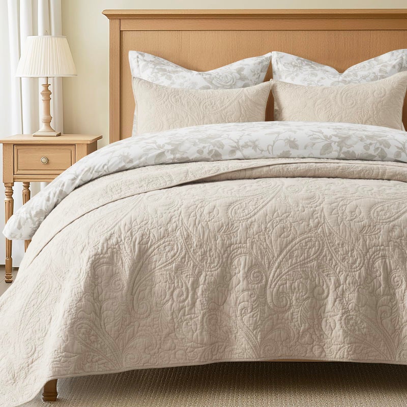 EVERGRACEHOME EVERGRACE 100% Cotton Paisley Quilt Set, King Size 3 Piece Set â€“ Prewashed Lightweight Bedspread with 2 Shams, Soft & Breathable Matelasse Coverlet for All-Season Comfort, Flax Beige - Image 1