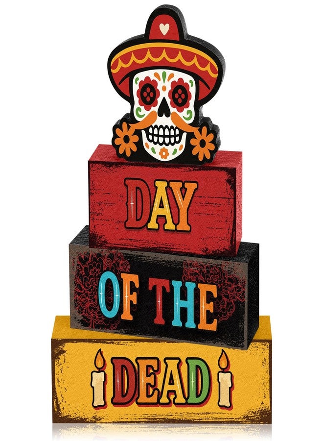 Yuntau مجموعة يونتاو المكونة من 4 قطع لتزيين طاولة يوم الموتى (Dia De Los Muertos)، تتضمن لوحة خشبية على شكل جمجمة سكرية ريفية، وحامل متعدد الطبقات على الطراز المكسيكي الريفي، مناسبة لتزيين المنزل والمكتب والرفوف والمدفأة. - Image 1