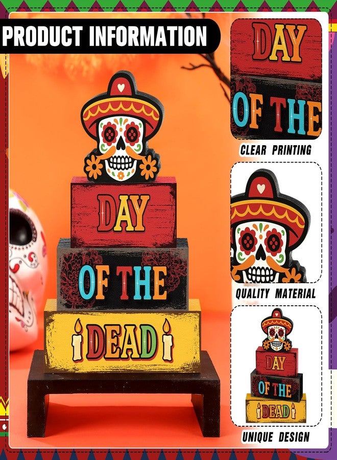 Yuntau مجموعة يونتاو المكونة من 4 قطع لتزيين طاولة يوم الموتى (Dia De Los Muertos)، تتضمن لوحة خشبية على شكل جمجمة سكرية ريفية، وحامل متعدد الطبقات على الطراز المكسيكي الريفي، مناسبة لتزيين المنزل والمكتب والرفوف والمدفأة. - Image 4