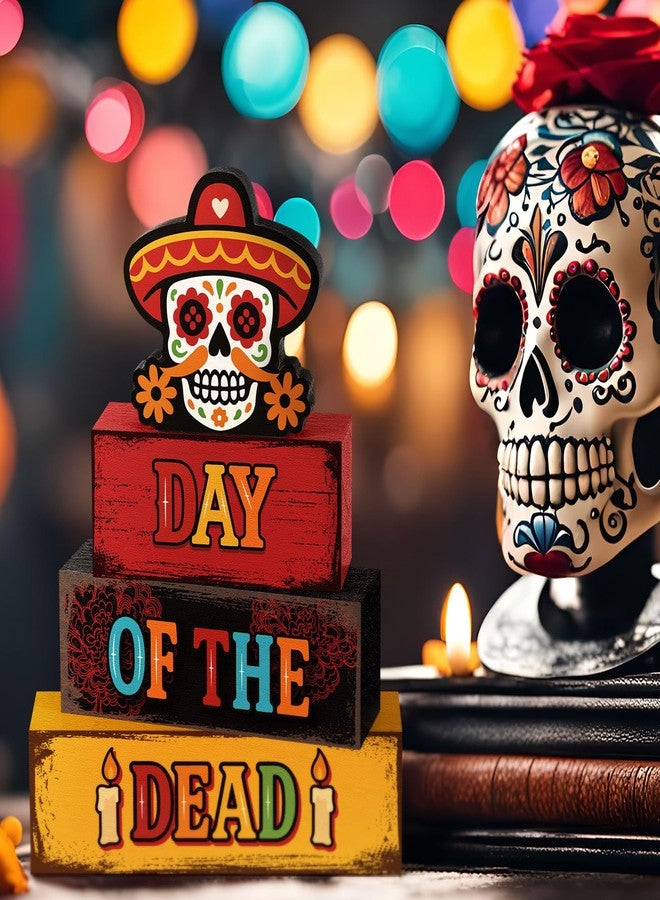 Yuntau مجموعة يونتاو المكونة من 4 قطع لتزيين طاولة يوم الموتى (Dia De Los Muertos)، تتضمن لوحة خشبية على شكل جمجمة سكرية ريفية، وحامل متعدد الطبقات على الطراز المكسيكي الريفي، مناسبة لتزيين المنزل والمكتب والرفوف والمدفأة. - Image 5