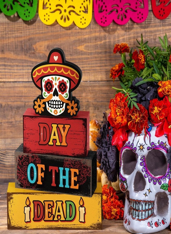 Yuntau مجموعة يونتاو المكونة من 4 قطع لتزيين طاولة يوم الموتى (Dia De Los Muertos)، تتضمن لوحة خشبية على شكل جمجمة سكرية ريفية، وحامل متعدد الطبقات على الطراز المكسيكي الريفي، مناسبة لتزيين المنزل والمكتب والرفوف والمدفأة. - Image 2