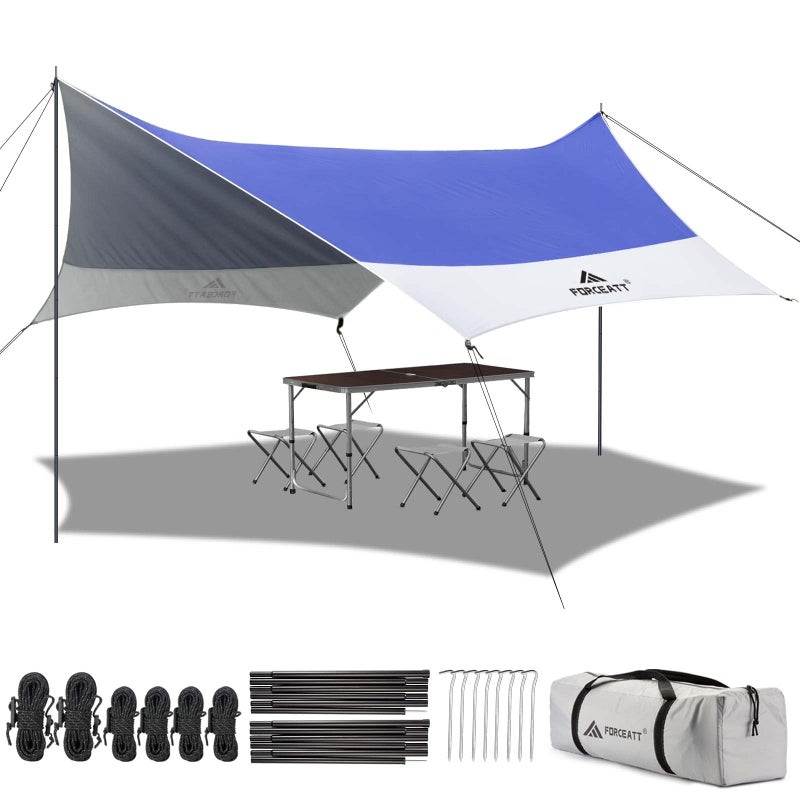 Forceatt 12x14FT Waterproof AntiUV Camping Tarp with 2 Poles UPF50 Lightweight Sun Shelter for Car Tent Hammock in Hiking Backpacking Garden and Traveling