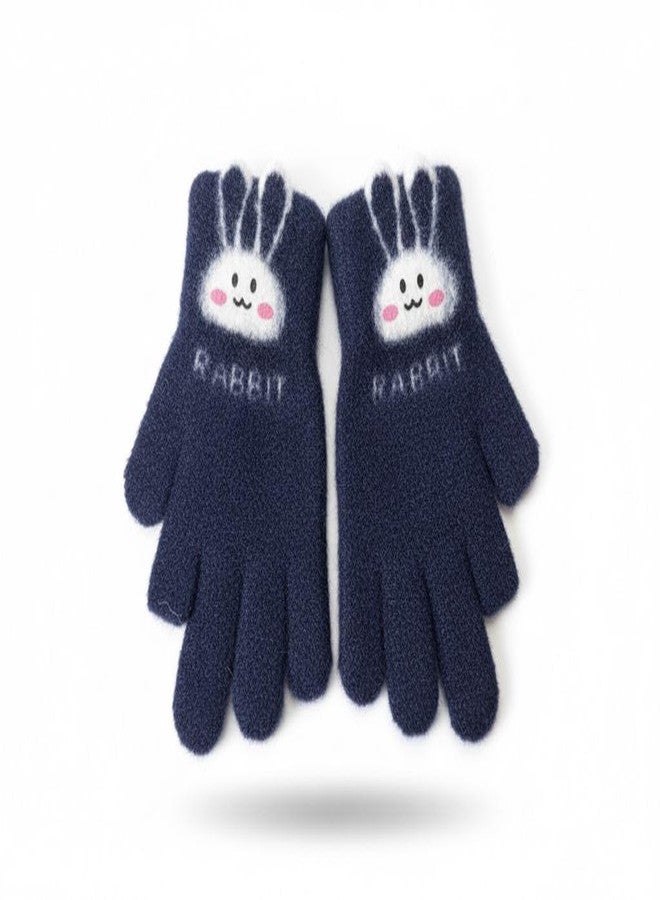 FAMWRAPZ Adorable Knit Gloves for Kids Cozy Warmth Cute Bunny Face and Convenient Touchscreen-Friendly Finger-Cut Design Navy Blue - Image 1