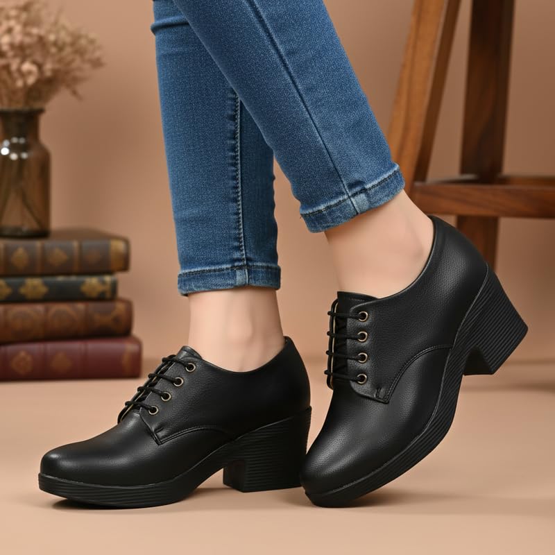 Karaddi Women's Formal Shoes | Lace up for Women Black | Block Heel Derby Shoes Color Black Size 6 UK/ind - Image 3