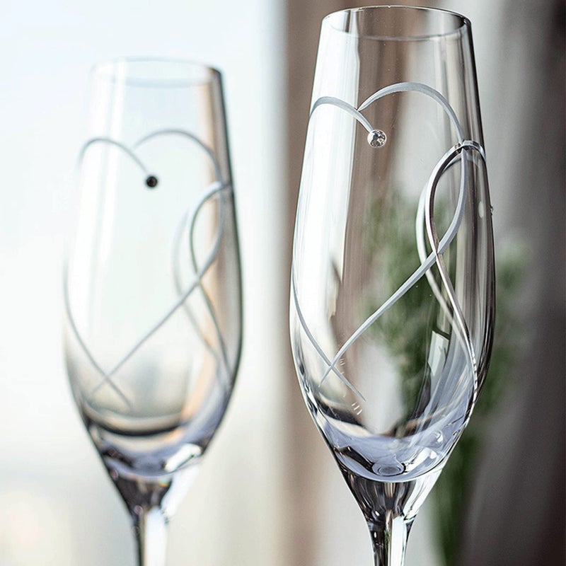 VARLKA Champagne Flutes Wedding Champagne Gasses for Bride and Groom Set of 2 with Engraved Love Heart Design Embellished with Crystal Wedding Presents for Couple