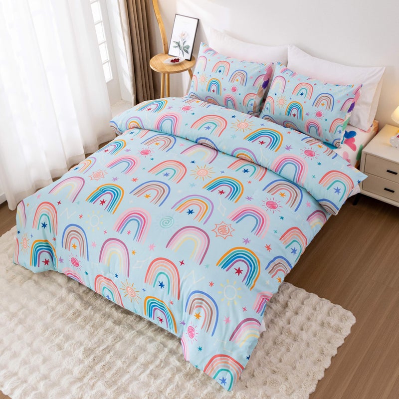 Btargot Lightweight Soft 3 Piece Rainbow Comforter Set with 2 Pillow Covers  Cartoon Love Hearts Suns and Stars Bedding Set for Girls Boys Kids  Full Light Blue - Image 2