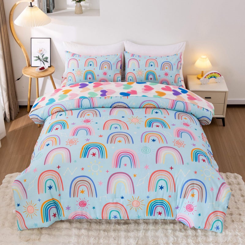 Btargot Lightweight Soft 3 Piece Rainbow Comforter Set with 2 Pillow Covers  Cartoon Love Hearts Suns and Stars Bedding Set for Girls Boys Kids  Full Light Blue - Image 1