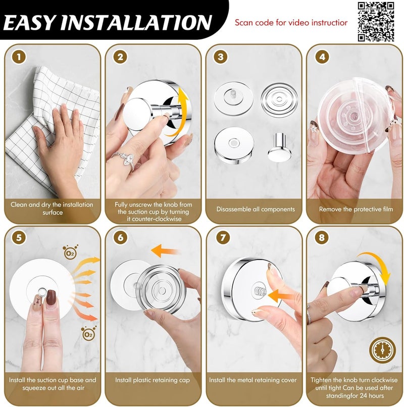 Suction Cup Hooks 4-Pack Brushed Silver Removable Hooks - Reusable Heavy-Duty Hooks for Bathroom Kitchen Glass Tile Mirror - Image 5