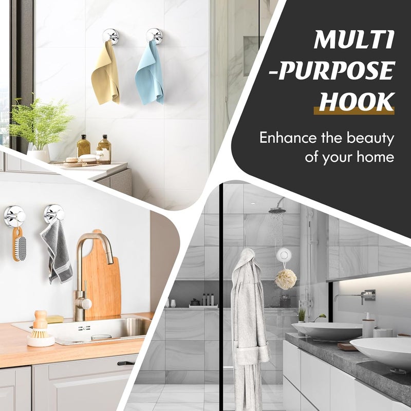 Suction Cup Hooks 4-Pack Brushed Silver Removable Hooks - Reusable Heavy-Duty Hooks for Bathroom Kitchen Glass Tile Mirror - Image 2