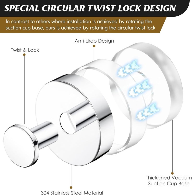 Suction Cup Hooks 4-Pack Brushed Silver Removable Hooks - Reusable Heavy-Duty Hooks for Bathroom Kitchen Glass Tile Mirror - Image 3