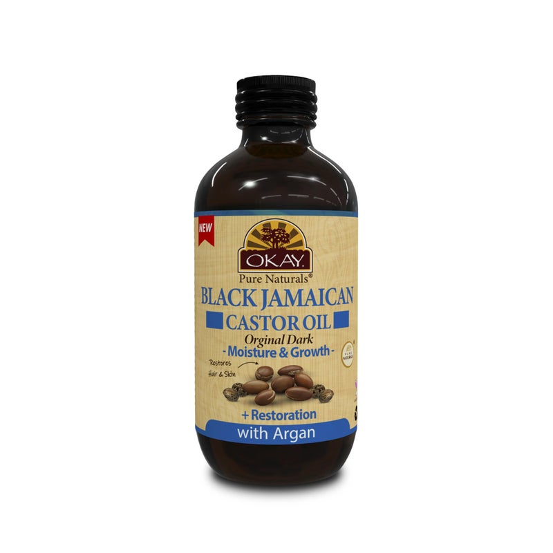 OKAY Pure Naturals Black Jamaican Castor Oil with Argan Oil - Castor for Hair Health, Moisture for Skin, Face, Scalp, Eyelashes, Eyebrows, for Men & Women - 4 Fl Oz Glass Bottle (1 Pack) - Image 1