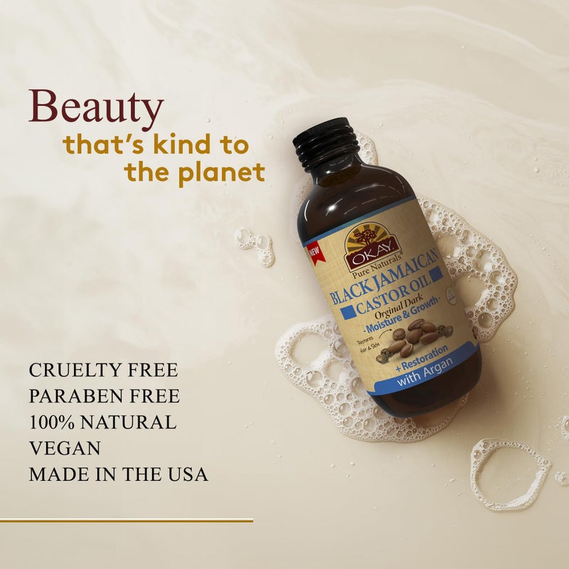 OKAY Pure Naturals Black Jamaican Castor Oil with Argan Oil - Castor for Hair Health, Moisture for Skin, Face, Scalp, Eyelashes, Eyebrows, for Men & Women - 4 Fl Oz Glass Bottle (1 Pack) - Image 3