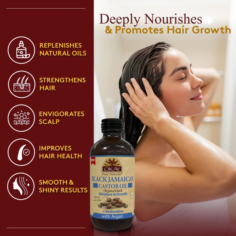 OKAY Pure Naturals Black Jamaican Castor Oil with Argan Oil - Castor for Hair Health, Moisture for Skin, Face, Scalp, Eyelashes, Eyebrows, for Men & Women - 4 Fl Oz Glass Bottle (1 Pack) - Image 2