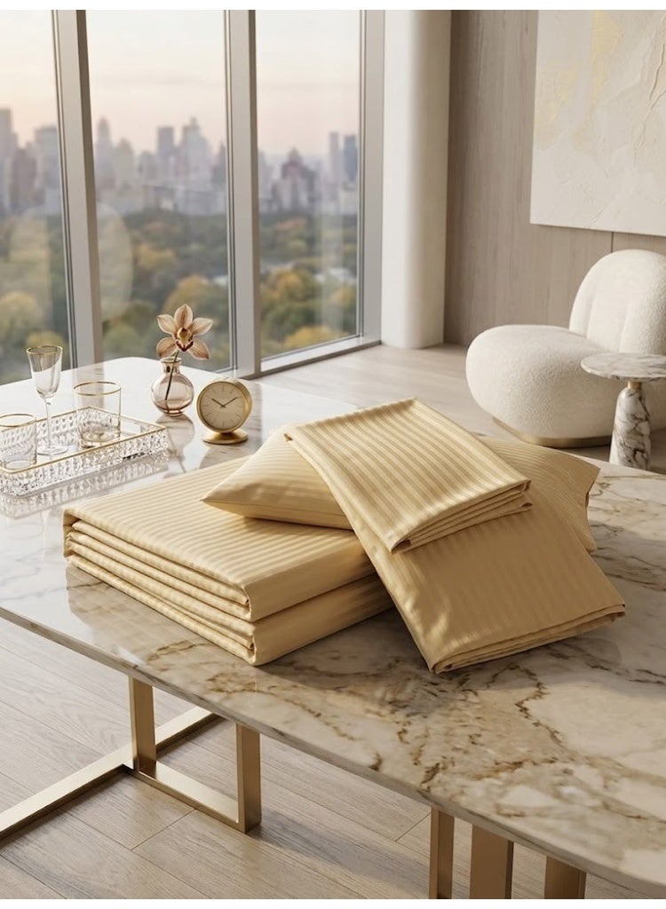 Elegant Hotel-Style Flat Bed Sheet - 90 GSM Soft Fabric with 300 TC Feel & 1cm Satin Stripes in Golden Beige, 280x270 CM Set - Image 2