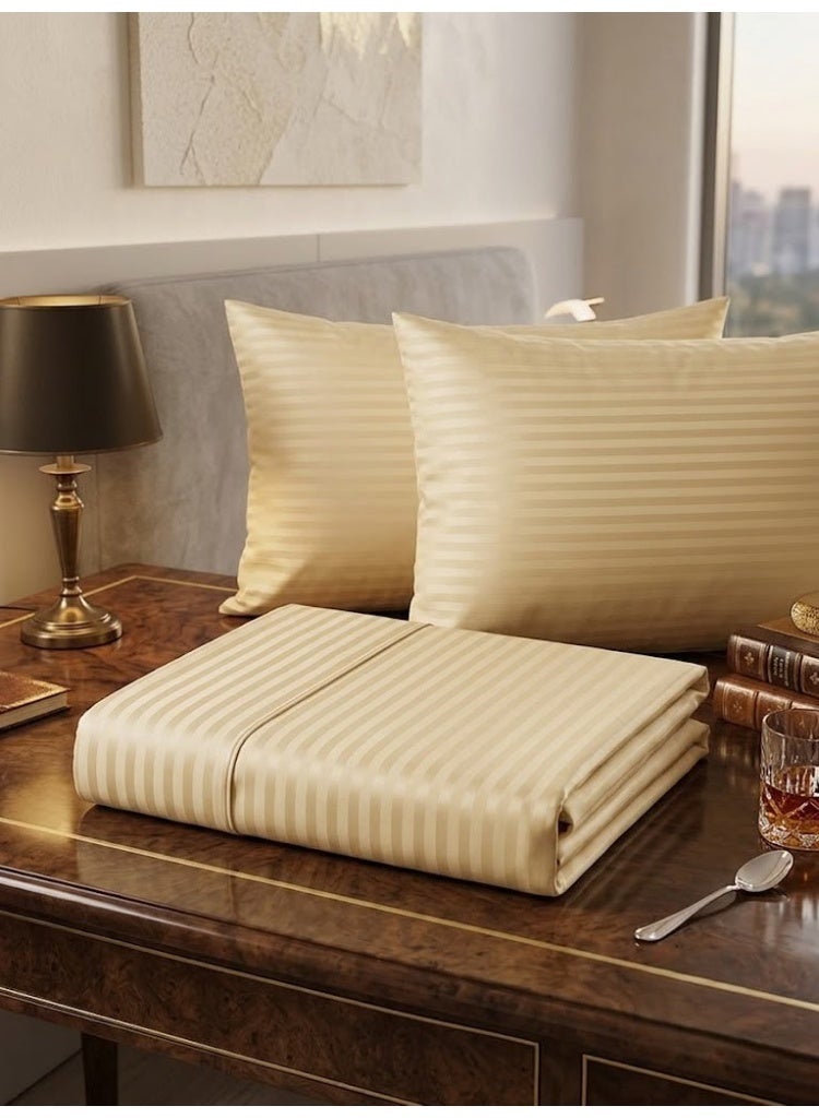 Elegant Hotel-Style Flat Bed Sheet - 90 GSM Soft Fabric with 300 TC Feel & 1cm Satin Stripes in Golden Beige, 280x270 CM Set - Image 4