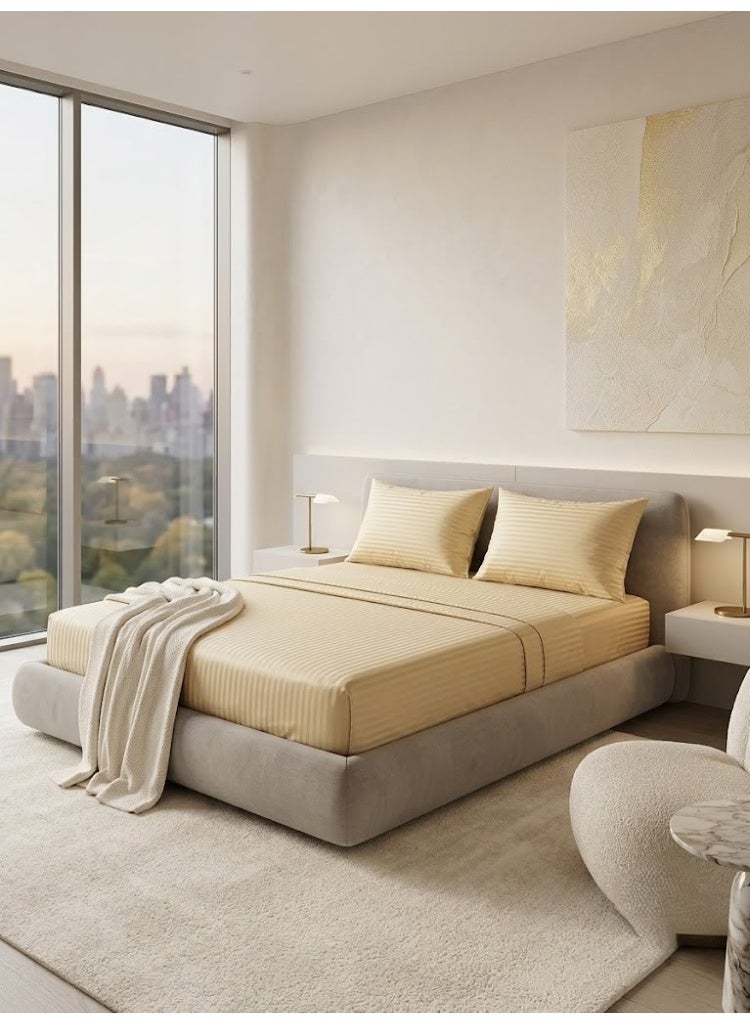 Elegant Hotel-Style Flat Bed Sheet - 90 GSM Soft Fabric with 300 TC Feel & 1cm Satin Stripes in Golden Beige, 280x270 CM Set - Image 1