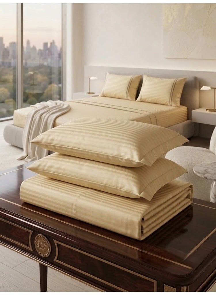 Elegant Hotel-Style Flat Bed Sheet - 90 GSM Soft Fabric with 300 TC Feel & 1cm Satin Stripes in Golden Beige, 280x270 CM Set - Image 3