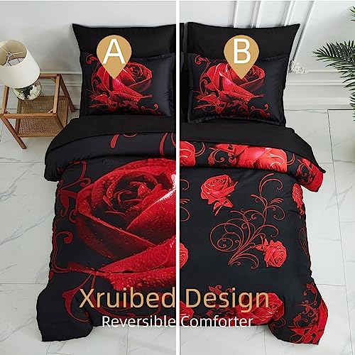 Xruibed Red Comforter Set King 7 Piece Bed in a Bag Red Rose Flower Comforter with Sheet Set Soft Micorfiber Reversible Bedding Set (1 Comforter,2 Pillow Shams,1 Flat Sheet,1 Fitted Sheet,2 Pillowcases) - Image 2