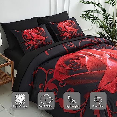 Xruibed Red Comforter Set King 7 Piece Bed in a Bag Red Rose Flower Comforter with Sheet Set Soft Micorfiber Reversible Bedding Set (1 Comforter,2 Pillow Shams,1 Flat Sheet,1 Fitted Sheet,2 Pillowcases) - Image 5