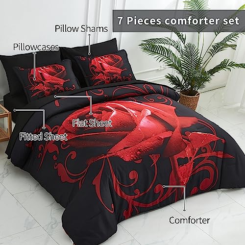 Xruibed Red Comforter Set King 7 Piece Bed in a Bag Red Rose Flower Comforter with Sheet Set Soft Micorfiber Reversible Bedding Set (1 Comforter,2 Pillow Shams,1 Flat Sheet,1 Fitted Sheet,2 Pillowcases) - Image 3