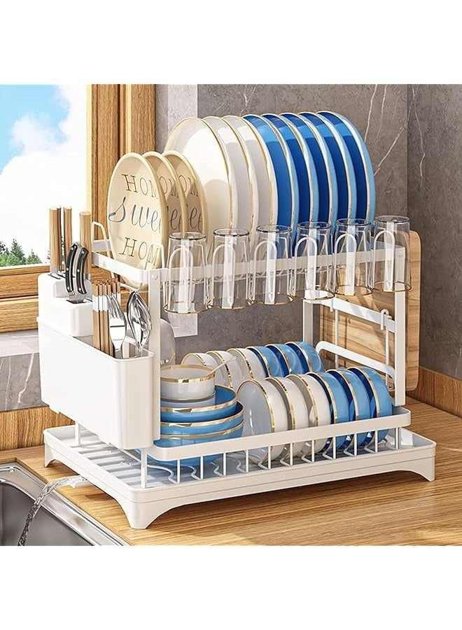PROMASS Dish Drying Rack, Multifunctional Dish Rack, Rustproof Kitchen Dish Drying Rack with Drainboard, Space-Saving 2-Tier Dish Drying Rack with Utensil Holder & Cup Holder for Kitchen Counter (White)  - Image 3