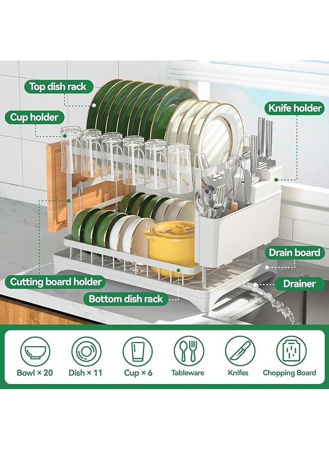PROMASS Dish Drying Rack, Multifunctional Dish Rack, Rustproof Kitchen Dish Drying Rack with Drainboard, Space-Saving 2-Tier Dish Drying Rack with Utensil Holder & Cup Holder for Kitchen Counter (White)  - Image 2