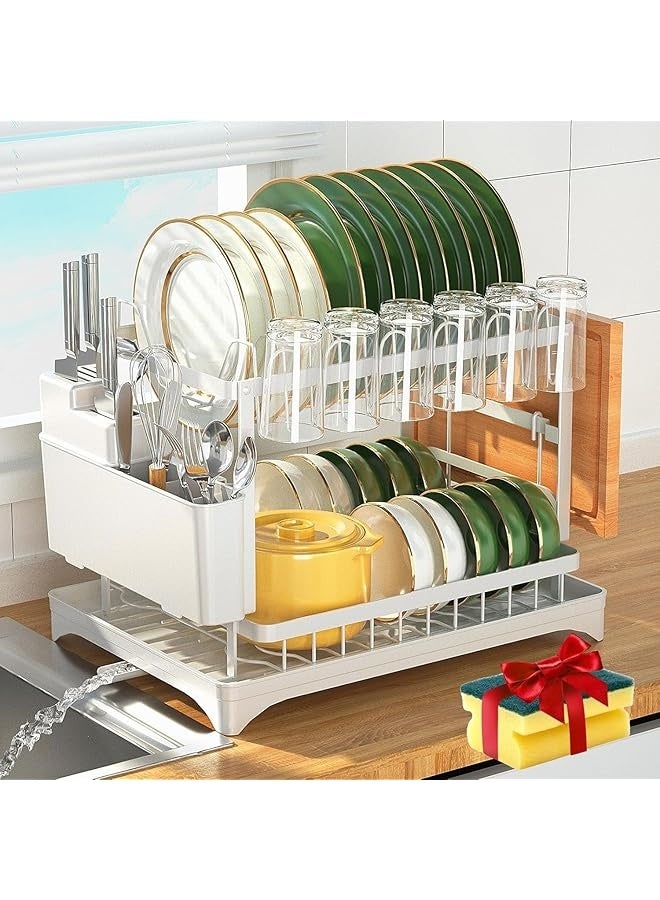 PROMASS Dish Drying Rack, Multifunctional Dish Rack, Rustproof Kitchen Dish Drying Rack with Drainboard, Space-Saving 2-Tier Dish Drying Rack with Utensil Holder & Cup Holder for Kitchen Counter (White)  - Image 1