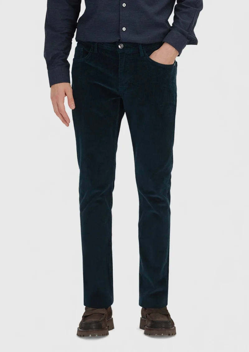 Ramsey Petrol Blue Weaving Slim Fit Casual Cotton Blended Trousers