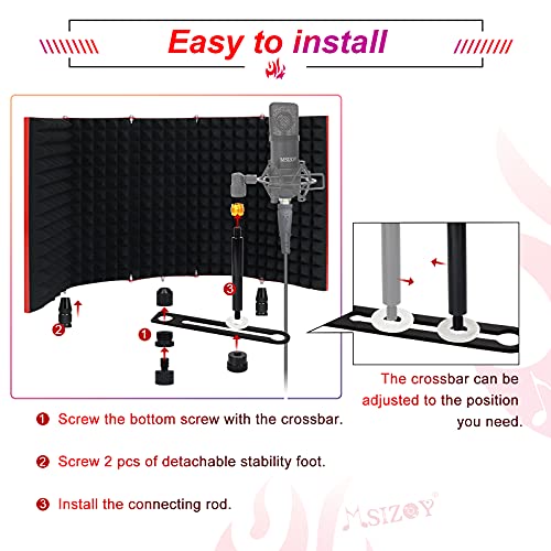MSIZOY 5 Panel Red Mic Isolation Shield With High Density Mic Sound Absorbing Foam Shield For Vocal/Acoustic Podcasts Singing And Broadcasting Gaming Foldable Studio Recording Sound Shield - Image 5