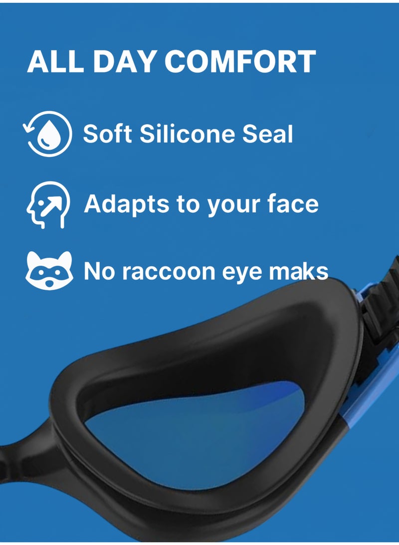 HASTE Swimming Goggles Black Blue Frame Purple Mirrored Lens Anti-fog UV Protection Leak-proof Silicone Adjustable Strap for Unisex Adults and Teens - Image 2