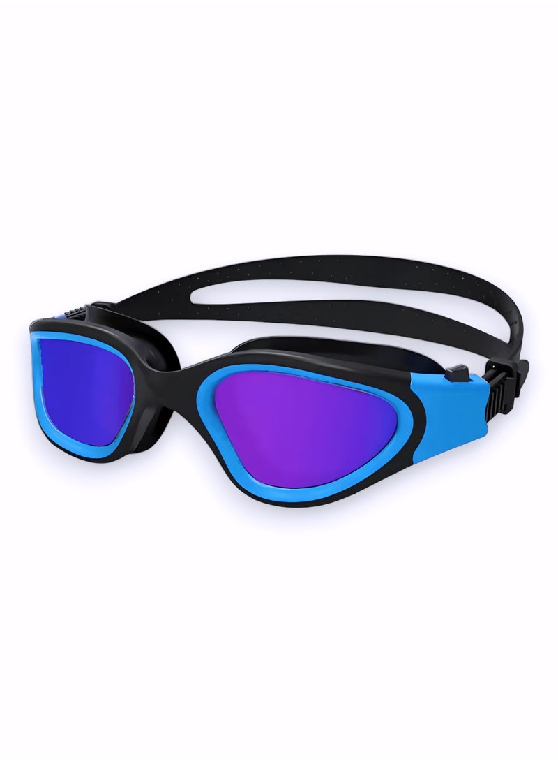 HASTE Swimming Goggles Black Blue Frame Purple Mirrored Lens Anti-fog UV Protection Leak-proof Silicone Adjustable Strap for Unisex Adults and Teens - Image 1