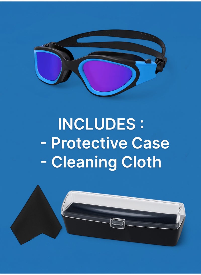 HASTE Swimming Goggles Black Blue Frame Purple Mirrored Lens Anti-fog UV Protection Leak-proof Silicone Adjustable Strap for Unisex Adults and Teens - Image 5