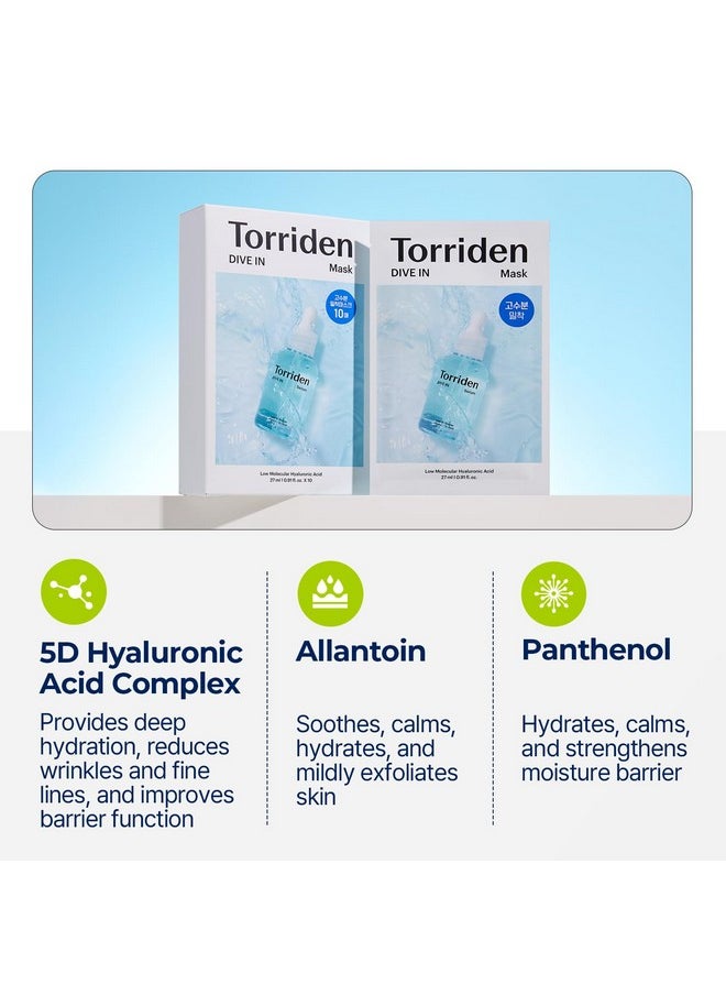 Torriden - Torriden DIVE IN Hyaluronic Acid Facial Mask (10 sheets) | Extra Moisturizing Care | Hyaluronic Acid, Panthenol, Allantoin | Korean Face Mask - Image 1