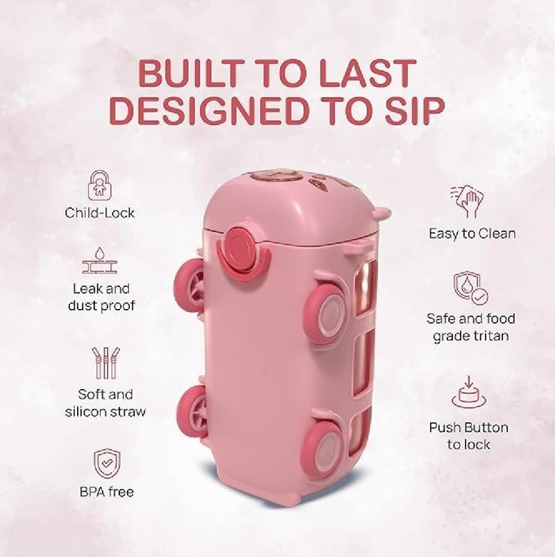 IKTU Bus Water Bottle for Kids with Strap, Sipper & Straw (500ml) | Leakproof, BPA Free with Lock | Cute Bus Shaped Tritan Bottle for Girls & Boys (Pink) - Image 4