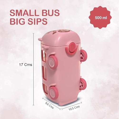 IKTU Bus Water Bottle for Kids with Strap, Sipper & Straw (500ml) | Leakproof, BPA Free with Lock | Cute Bus Shaped Tritan Bottle for Girls & Boys (Pink) - Image 3
