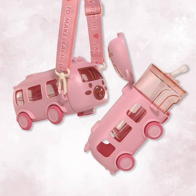 IKTU Bus Water Bottle for Kids with Strap, Sipper & Straw (500ml) | Leakproof, BPA Free with Lock | Cute Bus Shaped Tritan Bottle for Girls & Boys (Pink) - Image 2