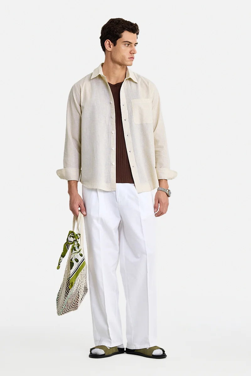 SNITCH Beige Striped Long Sleeve Regular Fit Casual Shirt