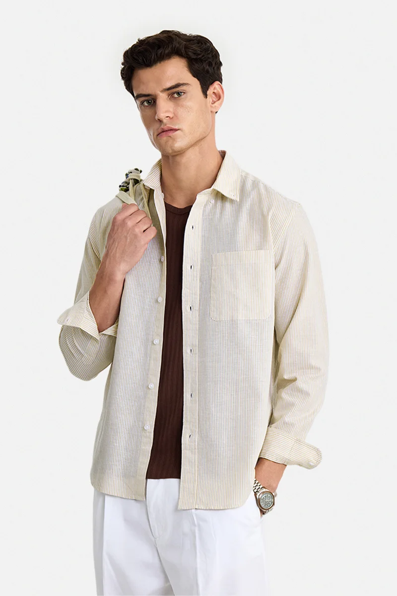 SNITCH Beige Striped Long Sleeve Regular Fit Casual Shirt