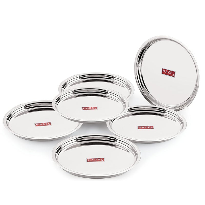 Hazel طقم أطباق هازيل من الفولاذ المقاوم للصدأ | طقم طهى بلمسة مرآة 25 سم من الفولاذ المقاوم للصدأ | طقم أطباق للفطور والغداء، مجموعة من 6 - Image 1